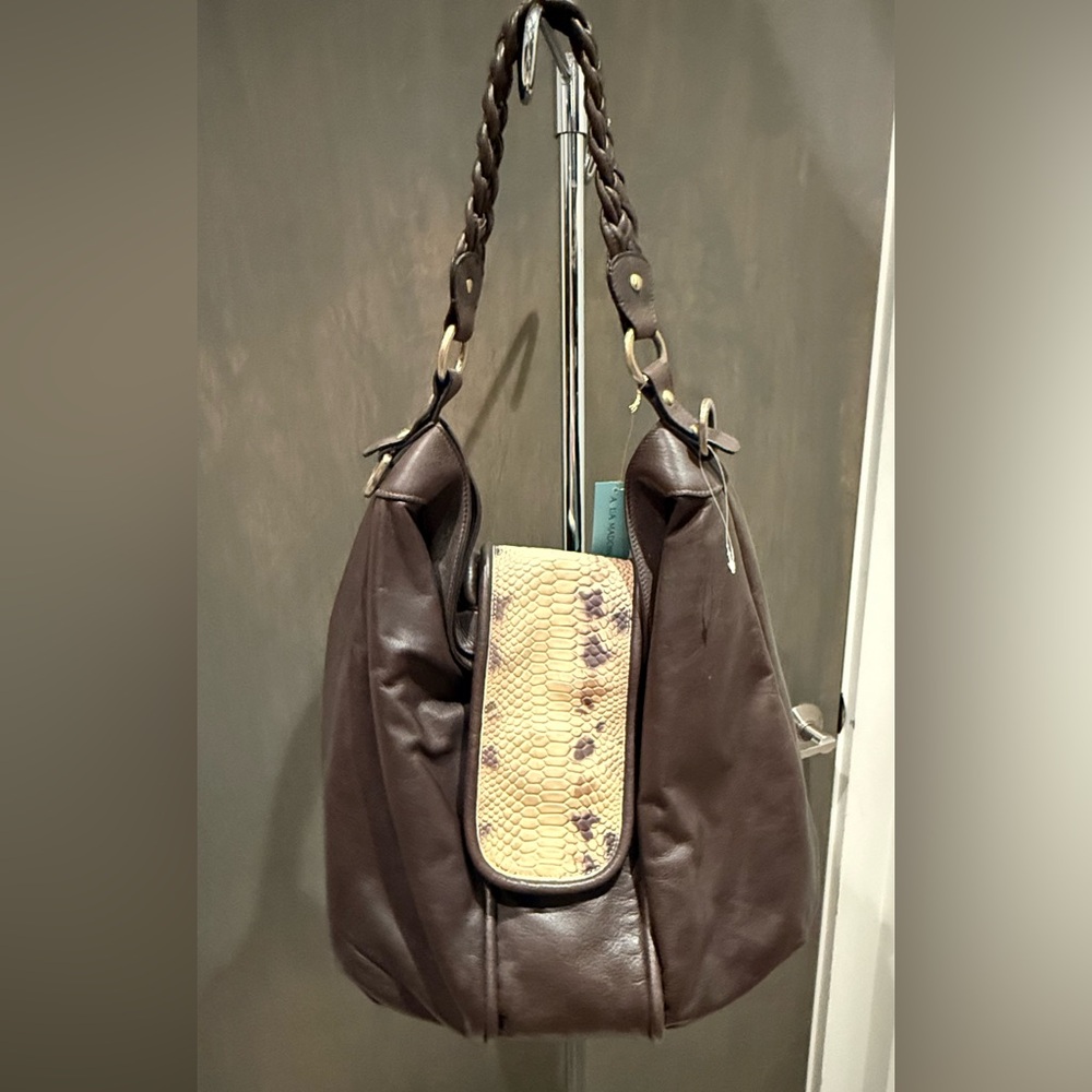 Brown Genuine Leather Shoulder Bag with Snakeskin Accent - Aqua Madonna NWOT